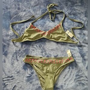 Aerie Green and Pink Bikini Set with Triangle Top